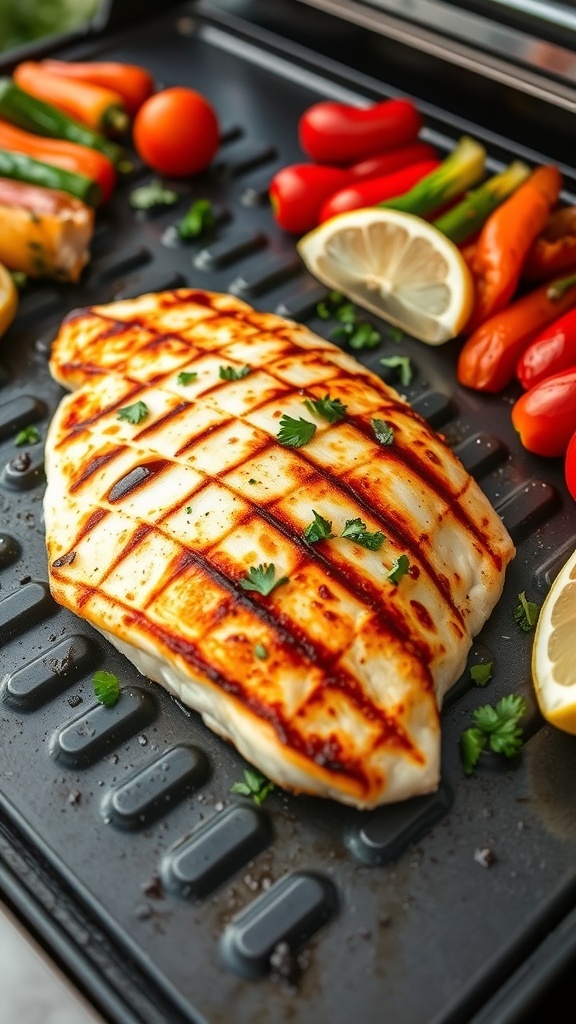 Grilled tilapia fillet on a Blackstone griddle with parsley and lemon wedges.